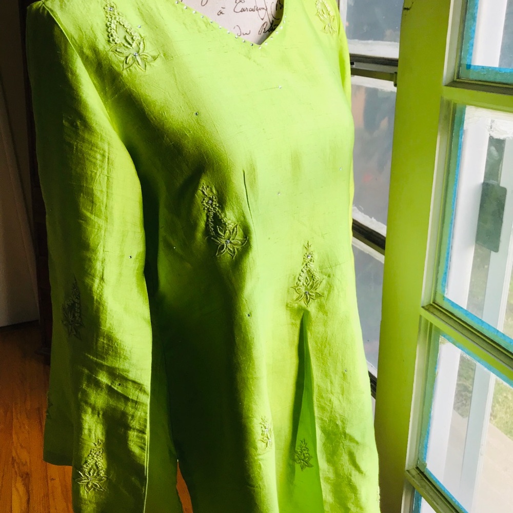 Lime green silk pant suit with scarf